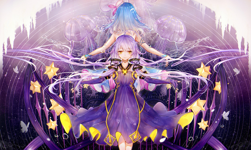 bai_qi-qsr bangs bare_shoulders blue_hair blush brown_eyes closed_mouth collarbone dress elbow_gloves eyebrows_visible_through_hair gloves hair_between_eyes haiyi halterneck jellyfish long_hair multiple_girls outstretched_arms purple_dress purple_gloves purple_hair quad_tails siblings sisters smile spread_arms very_long_hair vocaloid wrist_cuffs xingchen