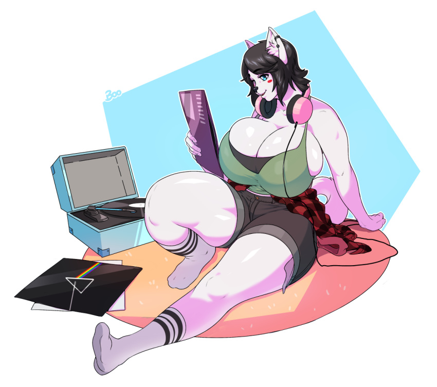 anthro big_breasts boosterpang breasts canine clothed clothing dark_side_of_the_moon female headphones huge_breasts mammal sitting slightly_chubby smile solo thick_thighs voluptuous