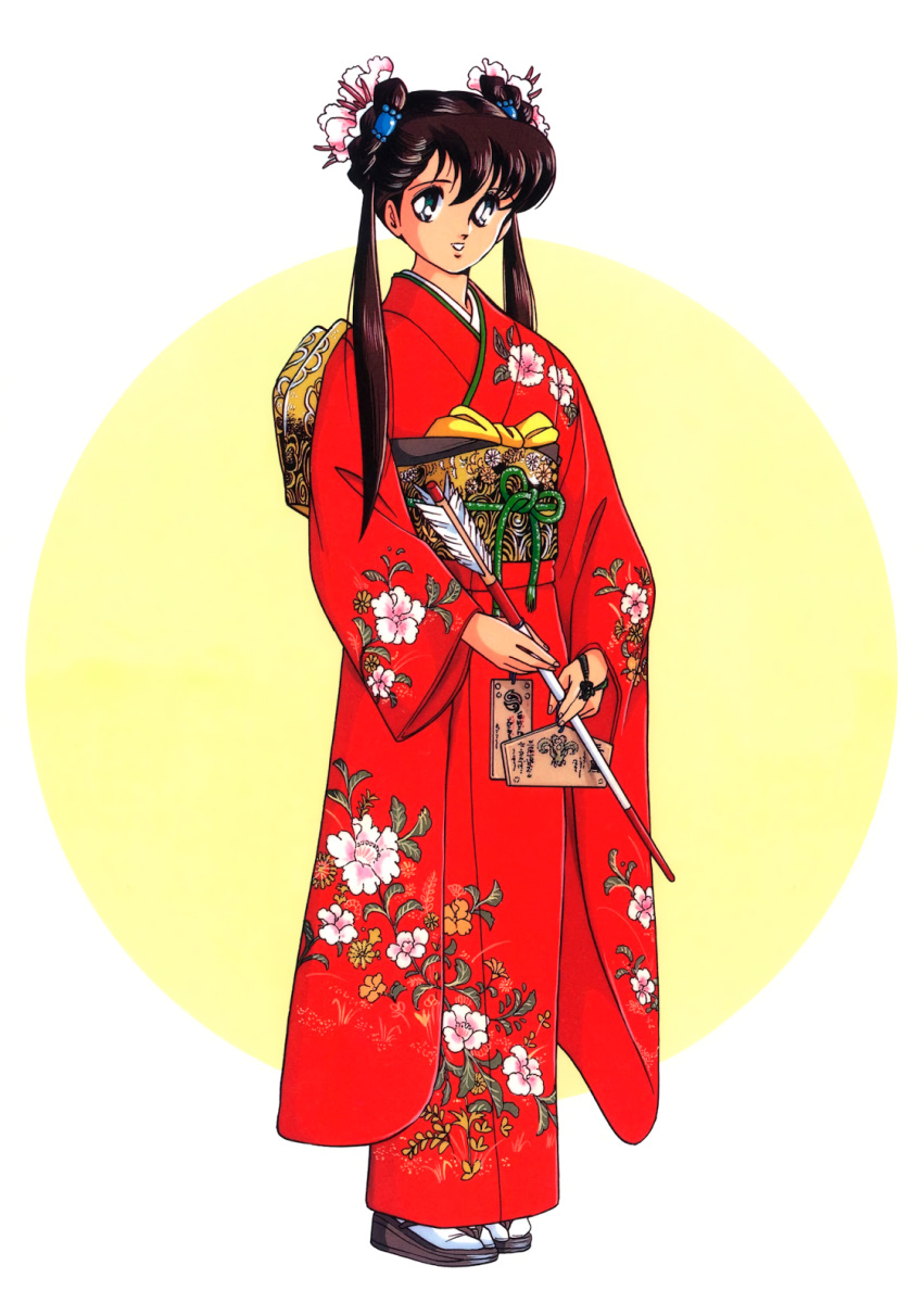 90s arrow brown_hair floral_print flower full_body furisode green_eyes hair_flower hair_ornament highres holding_arrow japanese_clothes kimono long_hair long_sleeves looking_at_viewer mamono_hunter_youko mano_youko miyao_gaku non-web_source obi official_art parted_lips red_kimono sandals sash smile solo standing tabi twintails