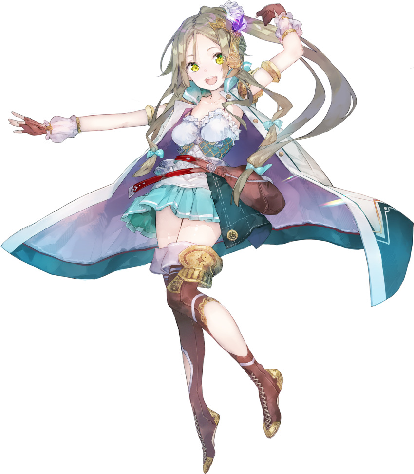 :d atelier_(series) atelier_firis atelier_lydie_&amp;_suelle bag blue_bow blue_skirt boots bow brown_footwear brown_gloves brown_hair coat fingerless_gloves firis_mistlud full_body gloves green_eyes hair_bow hair_ornament highres long_hair looking_at_viewer official_art open_mouth ponytail skirt smile solo thigh_boots thighhighs transparent_background yuugen zettai_ryouiki