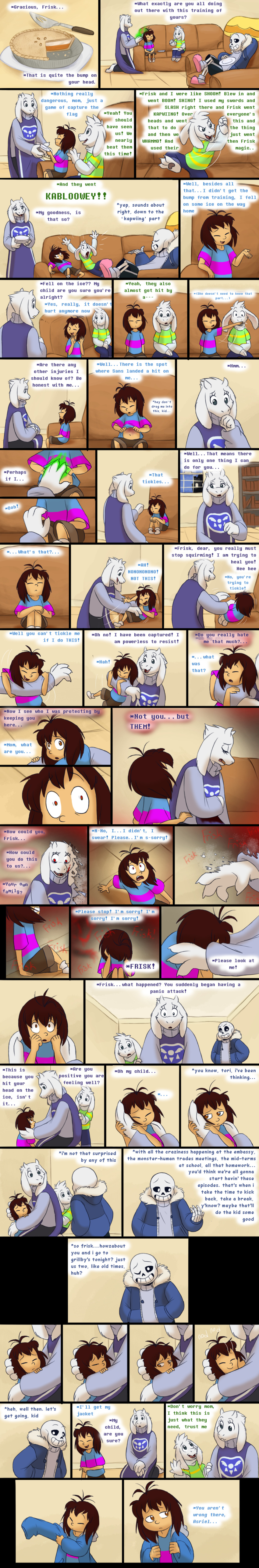 absurd_res ambiguous_gender animated_skeleton anthro asriel_dreemurr blood bone boss_monster caprine child clothed clothing comic cub dialogue english_text eyes_closed female food fur goat hair hi_res human long_ears male mammal mature_female mother mother_and_son parent pie protagonist_(undertale) ptsd red_eyes sans_(undertale) skeleton sofa son stripes tc-96 text tickling toriel undead undertale video_games white_fur young