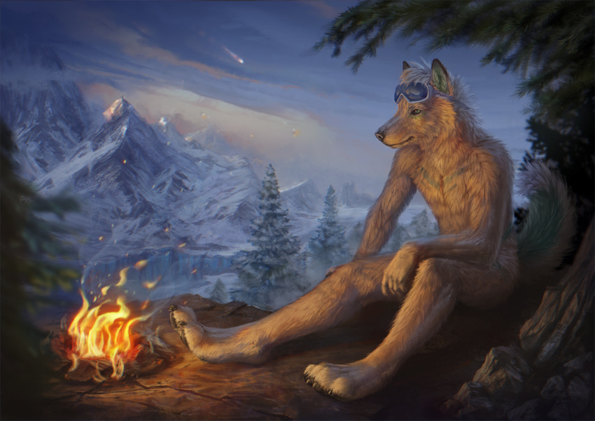 2018 5_fingers anthro black_nose canine conditional_dnp day detailed_background dog eyewear fire fur goggles hair latex_(artist) male mammal mountain nude outside realistic sitting sky solo white_fur white_hair