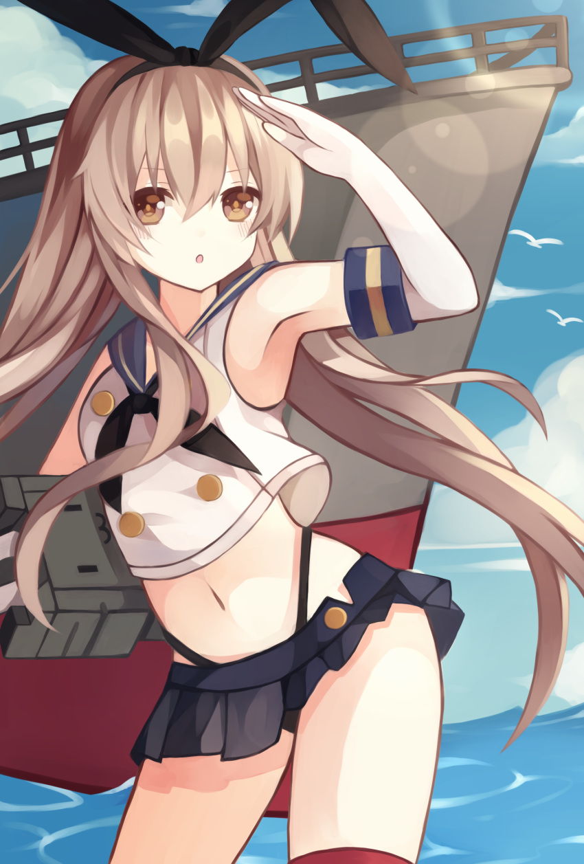 armpit blonde_hair brown_eyes kantai_collection long_hair personification sea seifuku shimakaze_(kantai_collection) skirt sky