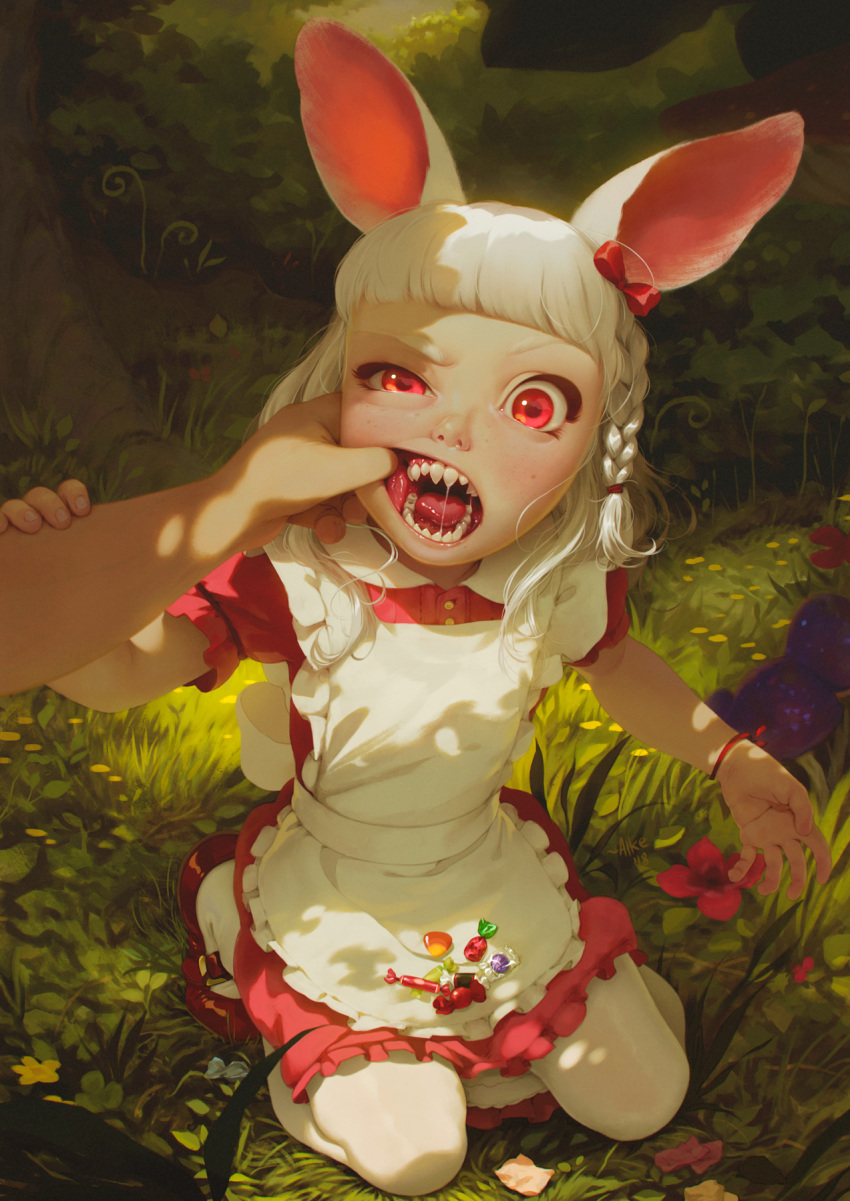 1boy 1girl alke alkemanubis animal_ears apron bracelet braid bunny_ears candy commentary day dress english_commentary fantasy food frilled_apron frilled_dress frills grass highres jewelry kneeling maid medium_hair mushroom open_mouth original outdoors pantyhose red_eyes sharp_teeth shoes solo_focus teeth tongue tree white_hair white_legwear
