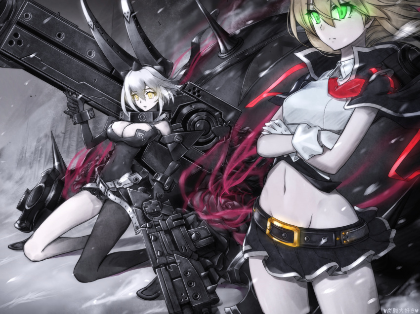 ahoge animal_ears arc_system_works artist_request bare_shoulders blazblue blonde_hair breasts bunny_ears cape company_connection crossed_arms crossover dark_persona dress elphelt_valentine girls_frontline gloves glowing glowing_eyes green_eyes guilty_gear guilty_gear_xrd gun hair_ornaments large_breasts long_hair miniskirt multiple_girls noel_vermillion pantyhose shiny shiny_clothes shiny_hair short_hair_with_long_locks shotgun skirt thighhighs weapon white_hair yellow_eyes