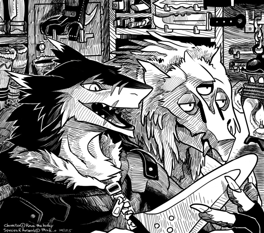 4_eyes cat duo fangs feline fluffy knife male mammal manga_style mick39 multi_eye open_maw rave_the_husky relaxing scar sergal smile store talyxian_stalker teeth tongue