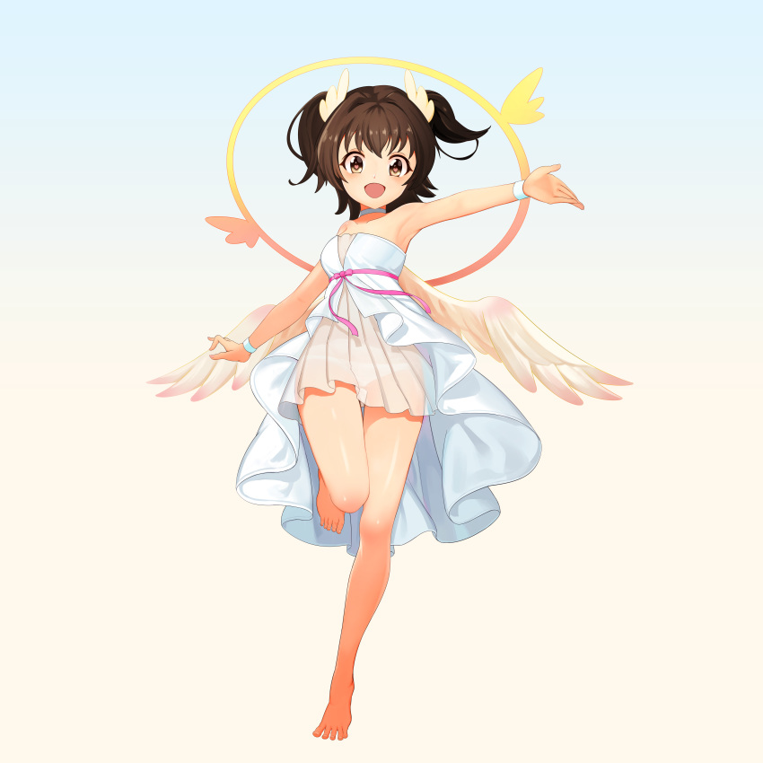 :d absurdres akagi_miria arm_up armpits bangs bare_legs barefoot brown_eyes brown_hair choker collarbone dress feathered_wings full_body gradient gradient_background halo heart heart-shaped_pupils highres hpb8642 idolmaster idolmaster_cinderella_girls layered_dress leg_up looking_at_viewer open_mouth outstretched_arms pink_ribbon ribbon shiny shiny_hair shiny_skin short_hair smile solo standing standing_on_one_leg strapless strapless_dress symbol-shaped_pupils tareme thigh_gap two_side_up white_choker white_dress white_wings wing_hair_ornament wings wristband