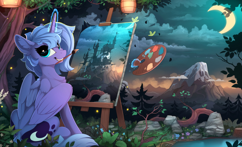 2018 crescent_moon cutie_mark detailed_background digital_media_(artwork) equine feathered_wings feathers feral friendship_is_magic hair hi_res horn looking_at_viewer mammal moon mountain mouth_hold my_little_pony outside paintbrush princess_luna_(mlp) solo tree winged_unicorn wings yakovlev-vad