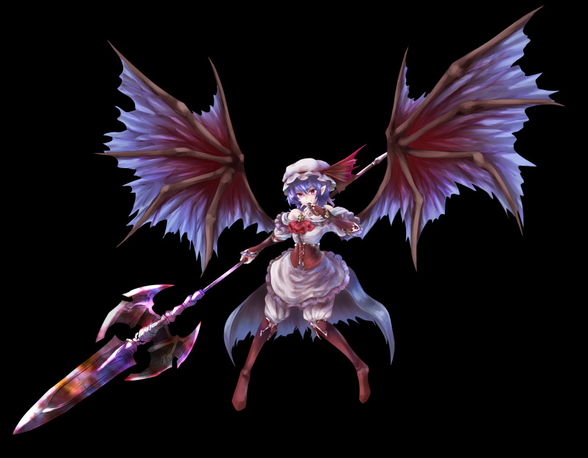 absurdres bat_wings black black_background commentary_request finger_to_mouth floating flying hat highres holding holding_weapon kushidama_minaka pointy_ears remilia_scarlet smile solo the_embodiment_of_scarlet_devil touhou weapon wings