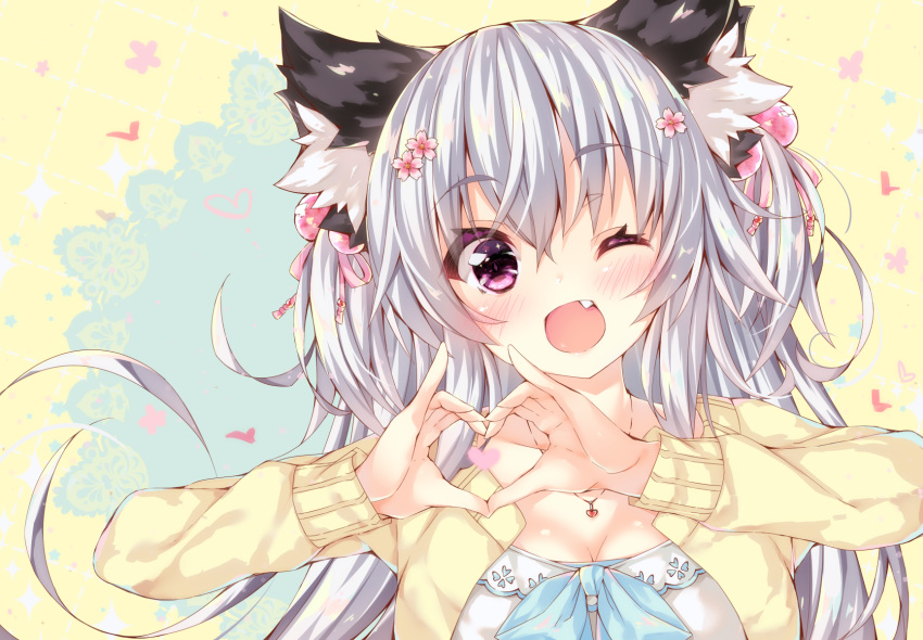 ;d animal_ears bangs blush breasts cat_ears cleavage collarbone commentary_request eyebrows_visible_through_hair fang flower hair_between_eyes hair_bobbles hair_flower hair_ornament hair_ribbon heart heart_hands heart_necklace highres jacket long_hair long_sleeves one_eye_closed ooji_cha open_clothes open_jacket open_mouth original oziko_(ooji_cha) pink_flower pink_ribbon ribbon shirt silver_hair small_breasts smile solo two_side_up very_long_hair white_shirt yellow_jacket