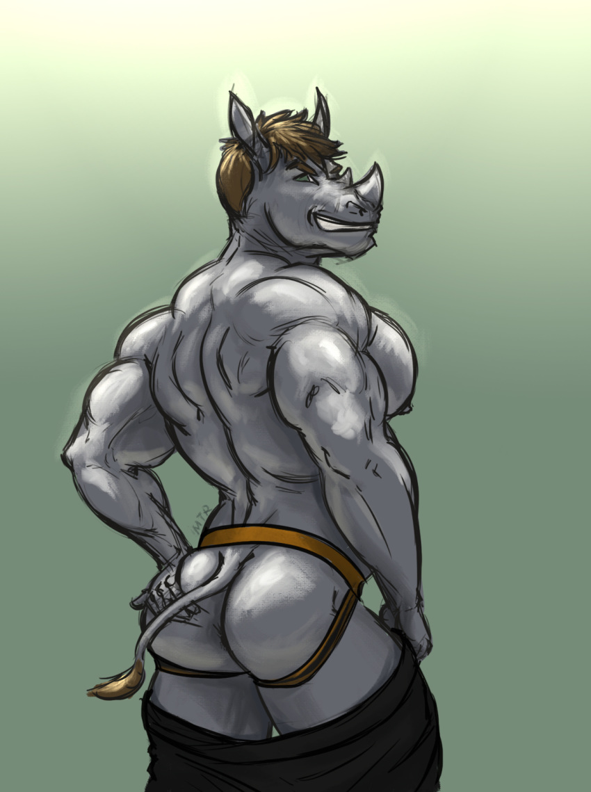 clothing grin hand_on_butt holding_butt horn jockstrap looking_at_viewer male mammal mickey_the_retriever muscular muscular_male naughty_face pose rhinoceros seductive smile smirk smug solo tagme underwear