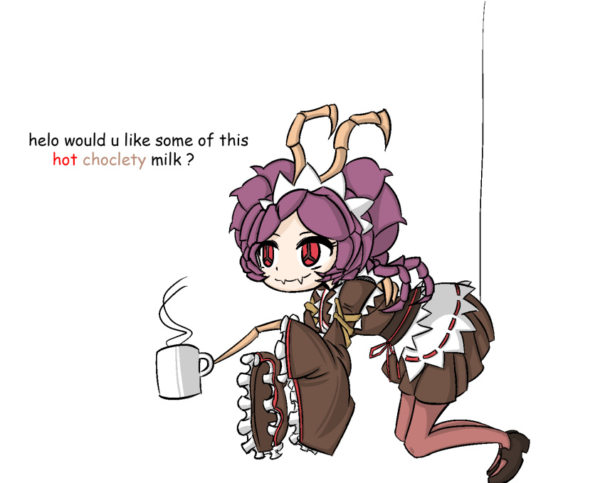 1girl antenna chibi cup entoma_vasilissa_zeta insect_girl kimono maid meme monster_girl overlord_(maruyama) purple_hair red_eyes