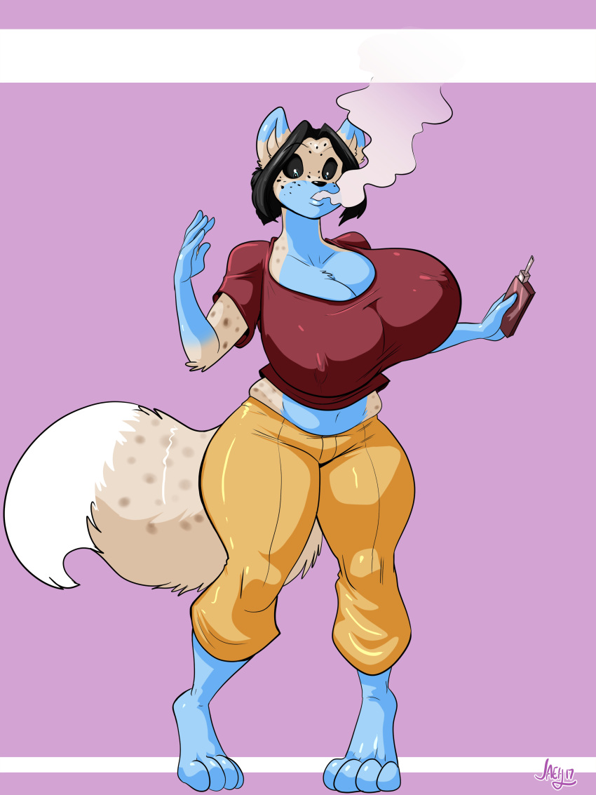 2017 anthro big_breasts breasts canine cleavage clothed clothing erect_nipples female fox hi_res huge_breasts jaeh mammal nipple_bulge nipples solo transformation vape