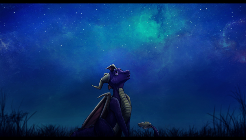 black_bars detailed_background digital_media_(artwork) dragon feral horn male membranous_wings mirra-mortas night outside sky solo spines spyro spyro_the_dragon star starry_sky video_games wings