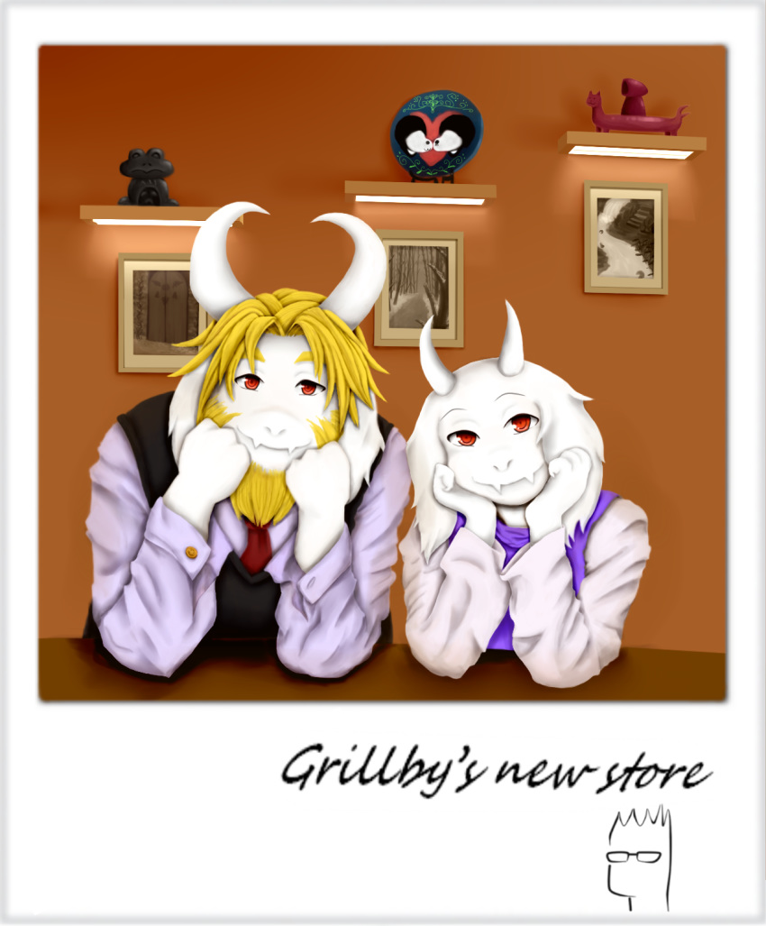 anthro asgore_dreemurr beard boss_monster caprine dogamy dogaressa duo english_text etfish5355138 facial_hair female froggit fur goat grillby hi_res horn long_ears male mammal photo river_person_(undertale) text toriel undertale video_games white_fur