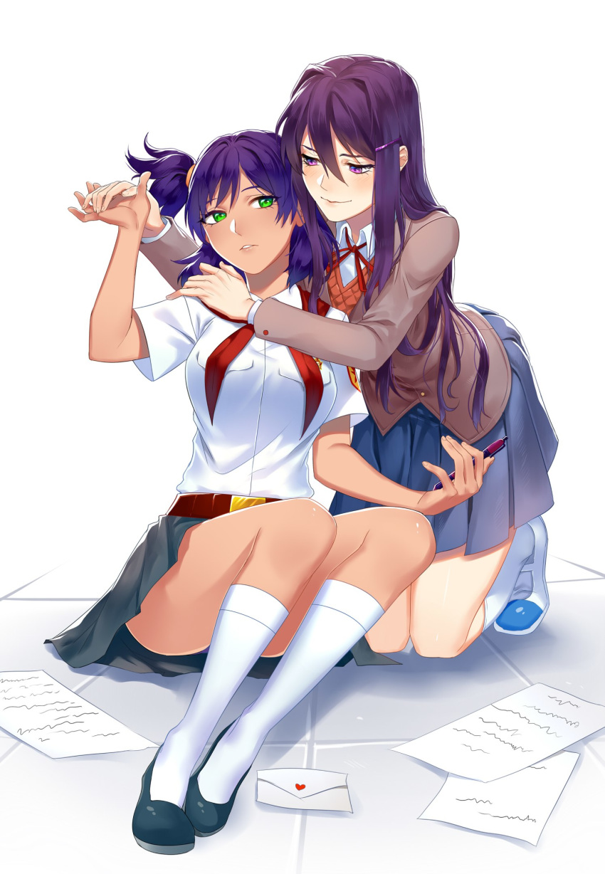 2girls belt blue_skirt breasts crossover doki_doki_literature_club envelope everlasting_summer eye_contact green_eyes hair_ornament hairpin half-closed_eyes hand_on_another's_shoulder kneeling long_hair miniskirt multiple_girls paper pen purple_eyes purple_hair red_ribbon ribbon school_uniform shirt shoes short_hair sitting skirt smile twintails uniform unyl-chan vest white_background white_shirt yuri yuri_(doki_doki_literature_club)