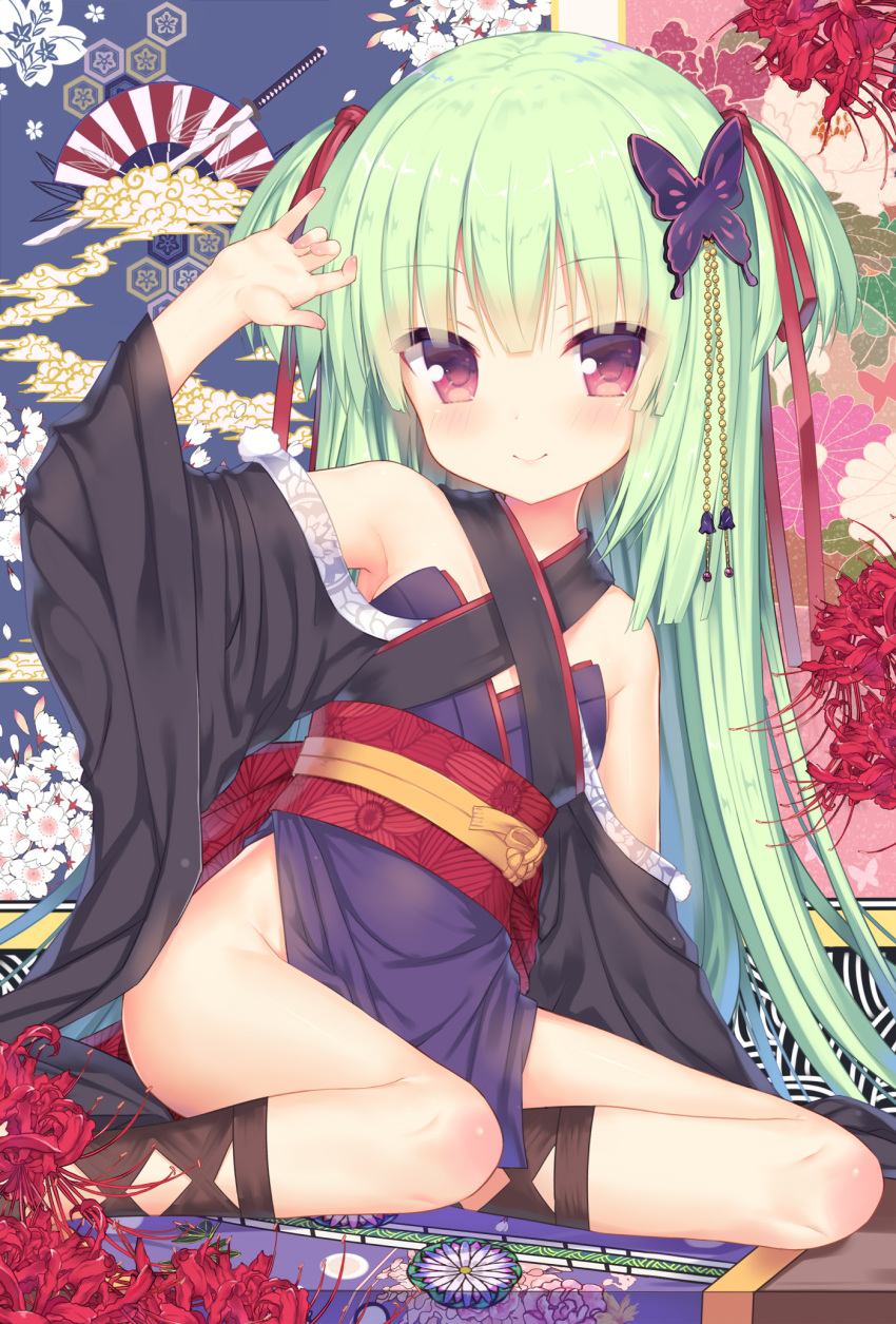 arm_up bangs bare_shoulders blush closed_mouth cloud eyebrows_visible_through_hair fan fingernails flower folding_fan green_hair hair_between_eyes highres japanese_clothes kimono long_hair long_sleeves murasame_(senren) obi pelvic_curtain purple_eyes purple_kimono red_flower sash senren_banka short_kimono sitting smile solo strapless sword tsubaki_(yi) two_side_up very_long_hair weapon white_flower wide_sleeves yokozuwari