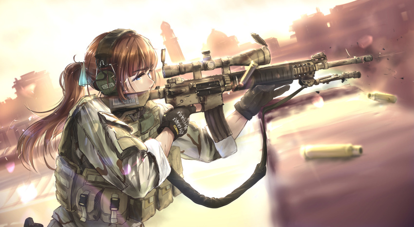 ar-15 assault_rifle blue_eyes brown_hair building camouflage casing_ejection city cityscape desert ear_protection eyebrows_visible_through_hair fingerless_gloves firing gloves gun hair_ribbon hair_tie headphones highres holding holding_weapon load_bearing_vest looking_to_the_side military military_uniform minaret mk12_spr original plate_carrier ponytail ribbon rifle rifle_cartridge rooftop scope shell_casing solo stanag_magazine strap tactical_clothes tantu_(tc1995) uniform weapon