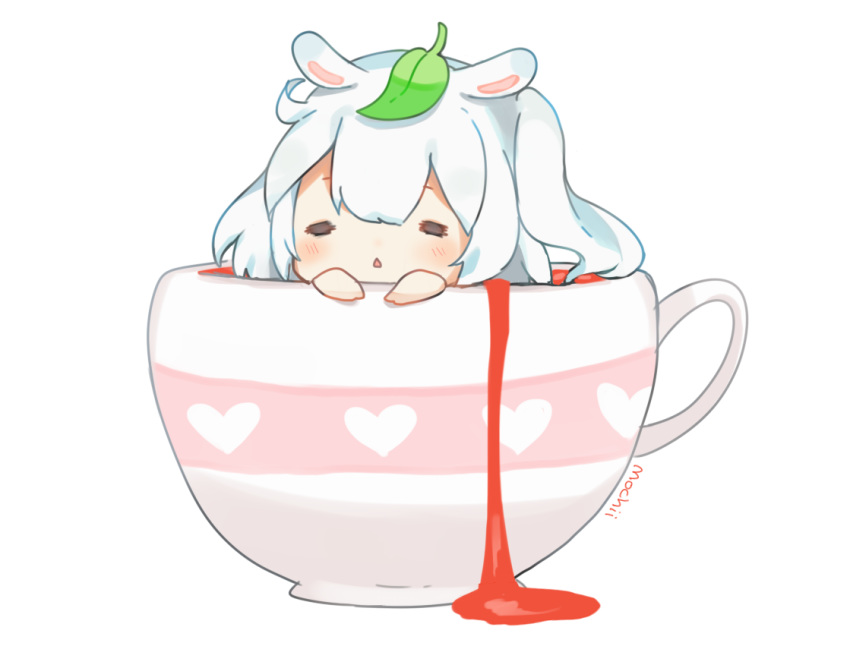 =_= animal_ears blush chibi closed_eyes commentary cup dripping english_commentary facing_viewer in_container in_cup leaf leaf_on_head mochii original parted_lips signature solo transparent_background triangle_mouth white_hair