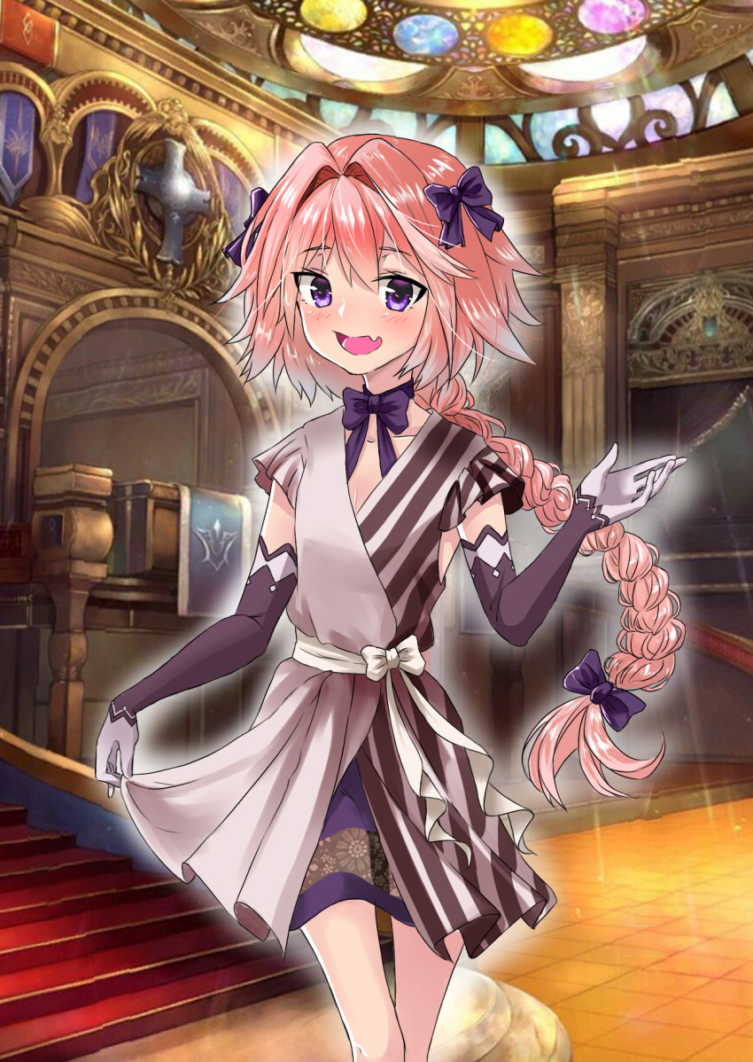 :d astolfo_(fate) asymmetrical_clothes bangs black_gloves blush bow bowtie braid chinese_commentary collarbone commentary_request daya dress dress_bow elbow_gloves eyebrows_visible_through_hair fang fate/apocrypha fate/grand_order fate_(series) feet_out_of_frame flat_chest frilled_dress frilled_sleeves frills gloves hair_between_eyes hair_bow hair_intakes hand_up highres indoors long_hair looking_at_viewer male_focus multicolored_hair open_mouth otoko_no_ko pink_hair purple_bow purple_eyes purple_neckwear raised_eyebrows see-through short_sleeves single_braid skirt_hold smile solo standing streaked_hair thigh_gap two-tone_dress two-tone_hair very_long_hair white_bow white_hair