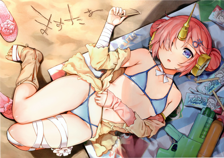 aqua_eyes bandage bikini choker fate/apocrypha fate_(series) frankenstein horns navel pink_hair scan short_hair swimsuit umakuchi_shouyu_(into-rain)