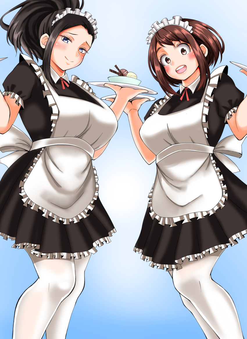 :d absurdres adahcm alternate_costume black_hair blue_background blue_eyes blush boku_no_hero_academia breasts brown_eyes brown_hair enmaided high_ponytail highres holding holding_tray large_breasts looking_at_viewer maid multiple_girls open_mouth pantyhose ponytail short_hair sidelocks smile standing tray uraraka_ochako white_legwear yaoyorozu_momo