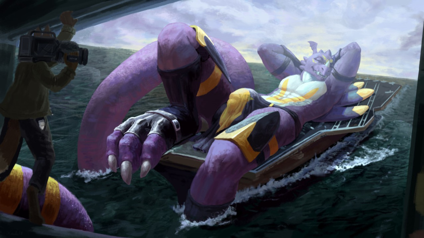 aircraft aircraft_carrier airplane armband bulge camera canine claws closed clothed clothing dragon dragoneer duo fox gloves grin horn journalist lazy lying macro male mammal muscular open_maw penis_outline purple_skin relaxing scalie sea smile solo_focus spectrumshift teeth topless water