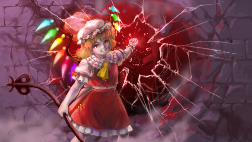 ascot blonde_hair clenched_hand commentary_request destruction fang fangs flandre_scarlet hand_gesture hat highres holding holding_staff kawahagi_modoki laevatein looking_at_viewer mob_cap pointy_ears puffy_short_sleeves puffy_sleeves red_eyes shatter short_sleeves skirt skirt_set smile staff stone_wall touhou wall wings wrist_cuffs yellow_neckwear