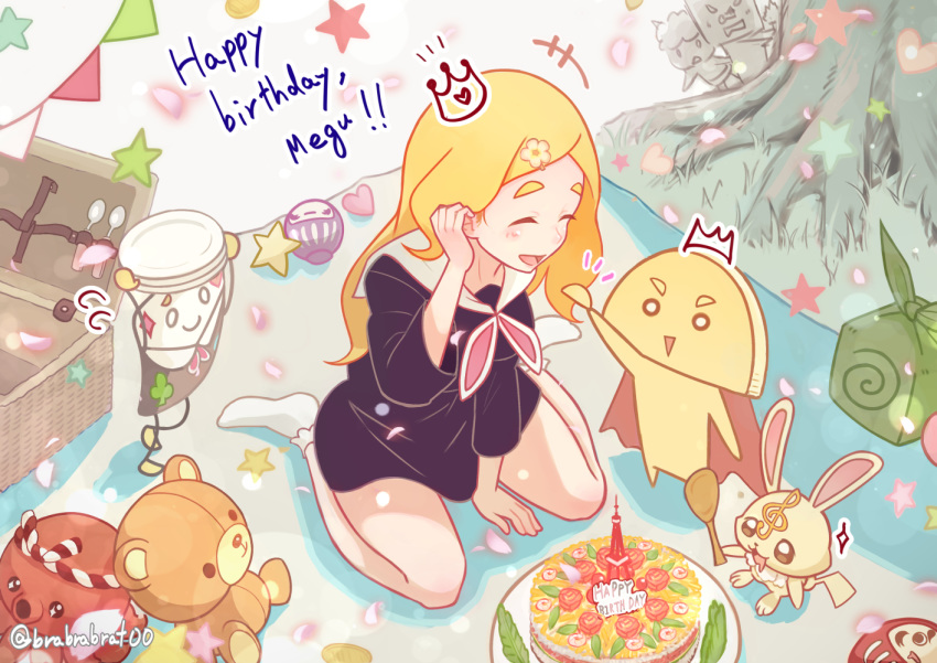 1girl :d ^_^ animal between_legs black_dress blonde_hair blush bobby_socks brat bunny cake character_name closed_eyes commentary crown dress food hand_between_legs happy_birthday harohapi!_shinonome_megu-chan_no_oheya heart holding long_hair long_sleeves mini_crown no_shoes open_mouth pennant picnic picnic_basket sailor_collar sailor_dress shinonome_megu smile socks solo star string_of_flags stuffed_animal stuffed_octopus stuffed_toy teddy_bear thick_eyebrows tree very_long_hair virtual_youtuber white_legwear white_sailor_collar