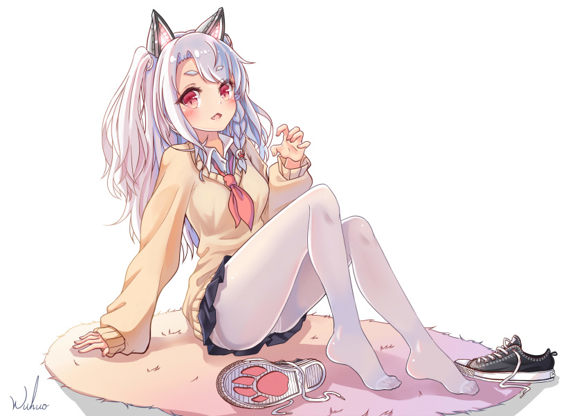 :d absurdres alternate_costume animal_ears azur_lane black_footwear black_skirt blush braid breasts carpet claw_pose collared_shirt commentary_request eyebrows_visible_through_hair eyelashes fake_animal_ears fang full_body hair_ornament highres knees_up long_hair long_sleeves looking_at_viewer mechanical_ears medium_breasts miniskirt one_side_up open_mouth panties panties_under_pantyhose pantyhose pleated_skirt red_eyes shirt shoes shoes_removed side_braid simple_background sitting skirt sleeves_past_wrists slit_pupils smile sneakers solo sweater tareme thick_eyebrows underwear white_background white_hair white_legwear wing_collar wolf_ears wuhuo yellow_sweater yuudachi_(azur_lane)