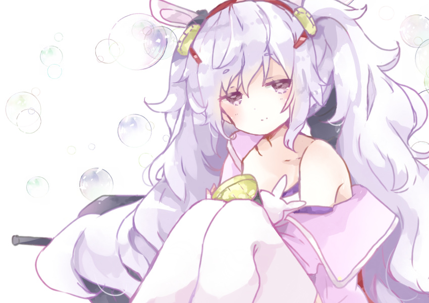 animal_ears azur_lane bangs bare_shoulders blush brown_eyes bubble bunny_ears camisole closed_mouth collarbone commentary_request eyebrows_visible_through_hair hair_between_eyes hair_ornament hairband highres jacket laffey_(azur_lane) long_hair looking_at_viewer off_shoulder pink_jacket red_hairband silver_hair smile solo thighhighs tsukiyo_(skymint) twintails very_long_hair white_background white_camisole white_legwear