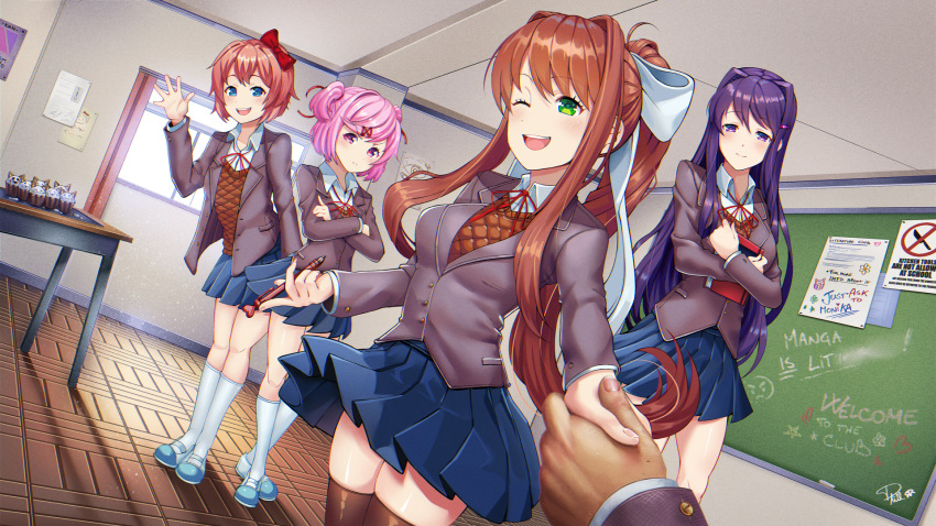 4girls :d ;d black_legwear blue_eyes blush book breasts brown_hair chalkboard classroom crossed_arms cupcake doki_doki_literature_club draw-till-death food green_eyes hair_ornament hairclip highres kneehighs long_hair looking_at_viewer medium_breasts monika_(doki_doki_literature_club) multiple_girls natsuki_(doki_doki_literature_club) one_eye_closed open_mouth out_of_frame pleated_skirt ponytail pov purple_eyes purple_hair sayori_(doki_doki_literature_club) short_hair skirt smile teeth thighhighs two_side_up very_long_hair white_legwear yuri_(doki_doki_literature_club)