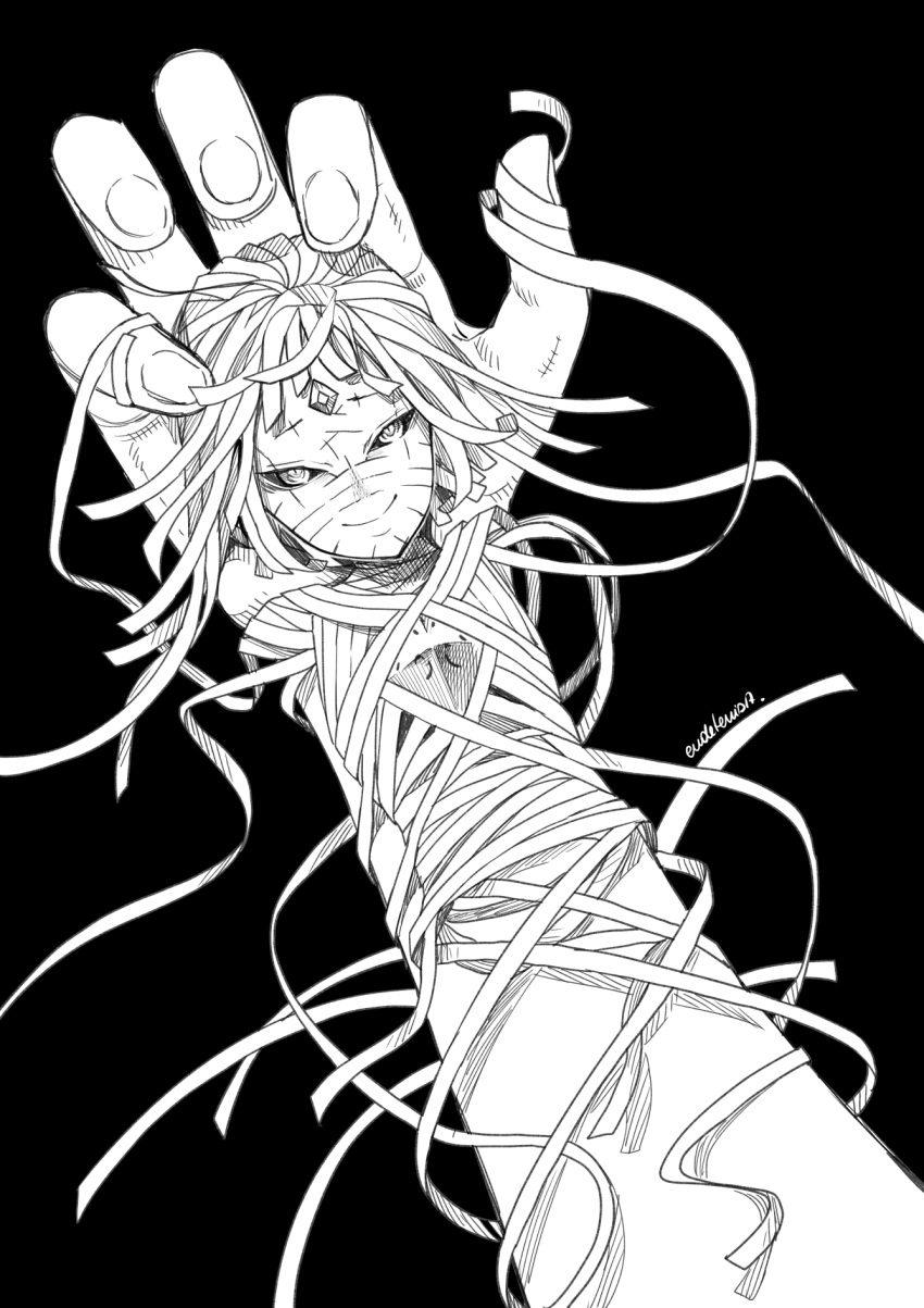 arm artist_name black_background black_sclera chest_jewel commission eudetenis forehead_jewel greyscale hands highres looking_at_viewer monochrome monster_girl original smile wrapped_up