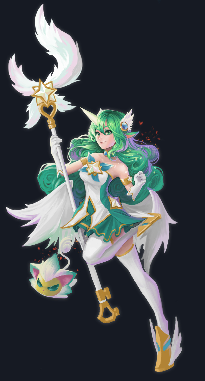 absurdres alternate_costume alternate_eye_color alternate_hair_color animal_ears armlet bare_shoulders black_background breasts choker curly_hair elbow_gloves gloves green_eyes green_hair hair_ornament highres horn league_of_legends long_hair looking_at_viewer magical_girl medium_breasts pointy_ears simple_background skirt solo soraka staff standing standing_on_one_leg star_guardian_soraka thighhighs very_long_hair white_gloves white_legwear white_wings wings yuudokou_shounen