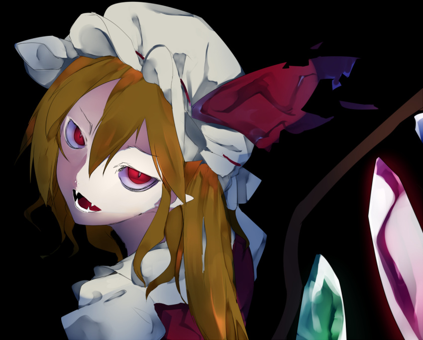 bat_wings black_background blonde_hair commentary_request crystal fangs flandre_scarlet hair_between_eyes hat ikurauni looking_at_viewer looking_back looking_to_the_side mob_cap pale_skin pointy_ears red_eyes side_ponytail slit_pupils solo the_embodiment_of_scarlet_devil touhou vampire wings