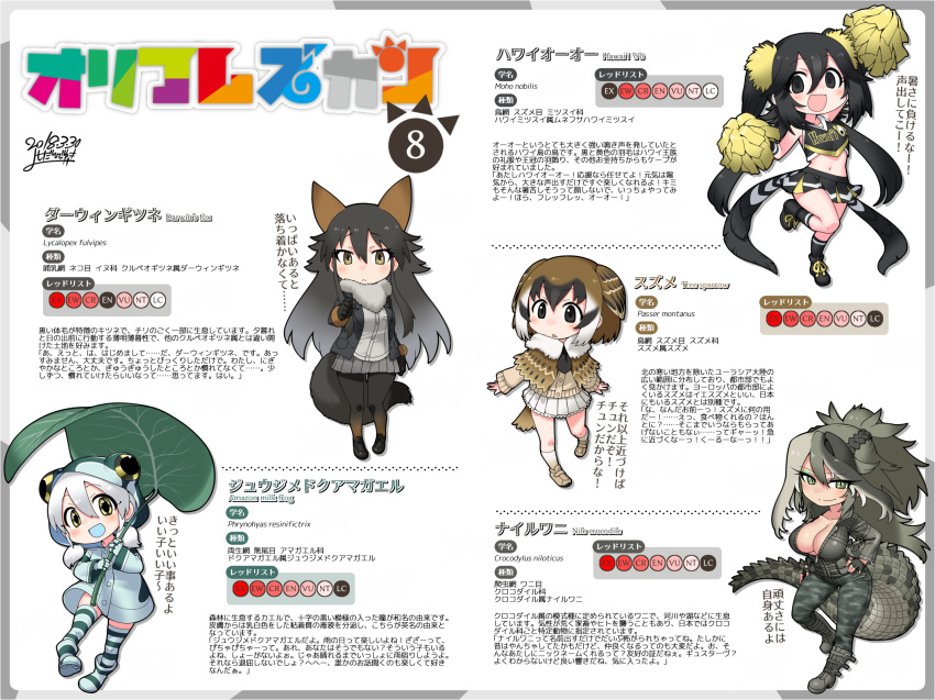 :d animal_ears bird_tail black_hair brown_hair crocodile_tail dated fox_ears fox_tail frog_eyes frog_hood green_hair head_wings highres kemono_friends leaf logo_parody multicolored_hair multiple_girls open_mouth original pom_poms scientific_name signature simple_background smile tail translation_request tree_sparrow_(kemono_friends)_(yoshida_hideyuki) white_background yoshida_hideyuki