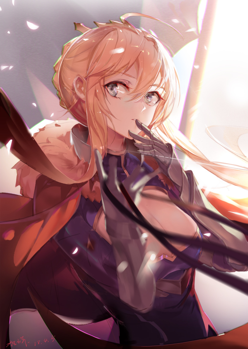 ahoge armor armored_dress artoria_pendragon_(all) artoria_pendragon_(lancer) bangs blonde_hair blue_dress blurry blurry_foreground braid breasts cleavage dated depth_of_field dress eyebrows_visible_through_hair fate/grand_order fate_(series) finger_to_mouth fur_trim gauntlets grey_eyes hair_between_eyes head_tilt highres holding holding_reins large_breasts long_hair parted_lips rabbit_(tukenitian) reins sidelocks signature solo