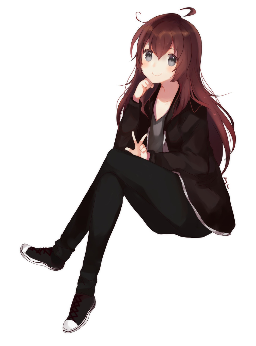 absurdres ahoge black_footwear black_jacket black_pants blush brown_hair closed_mouth commission grey_eyes grey_shirt hand_up highres invisible_chair jacket long_hair mochii open_clothes open_jacket original pants shirt shoes simple_background sitting smile solo w white_background