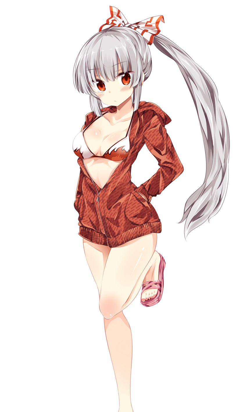 bangs bare_legs bikini bikini_top bow breasts collarbone fujiwara_no_mokou hair_bow hands_in_pockets highres hood hood_down hoodie leg_up long_hair looking_at_viewer maturiuta_sorato medium_breasts ponytail red_eyes sandals shiny shiny_skin silver_hair simple_background solo standing standing_on_one_leg swimsuit toenail_polish touhou very_long_hair white_background white_bikini zipper