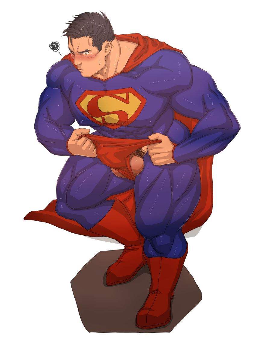 1boy bara black_hair blush erection full_body male_focus muscle pecs penis solo superman testicles yuatari