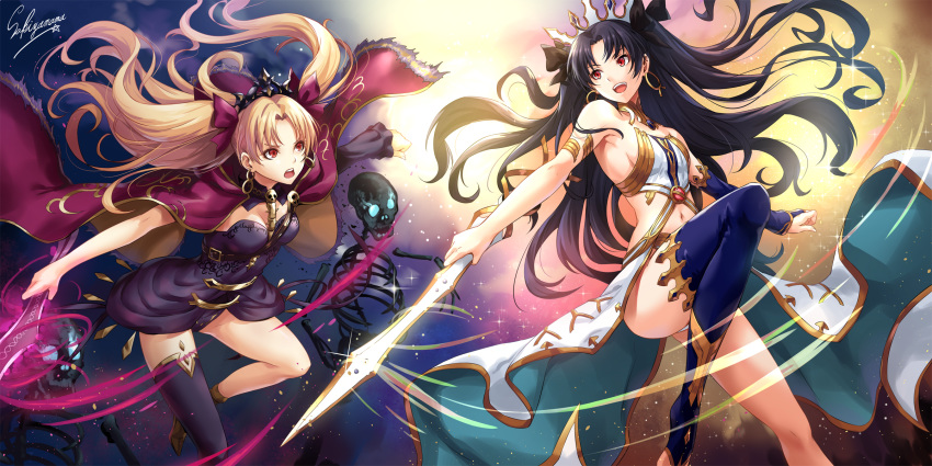 :d armlet armpits backlighting bangs bare_legs bare_shoulders black_hair black_legwear black_leotard black_ribbon blonde_hair breasts bridal_gauntlets bridal_legwear cape cleavage commentary_request crown earrings ereshkigal_(fate/grand_order) eye_contact eyebrows_visible_through_hair fate/grand_order fate_(series) fur-trimmed_cape fur_trim hair_ribbon highres holding holding_sword holding_weapon hoop_earrings infinity ishtar_(fate/grand_order) jewelry leaning_forward leg_up leotard long_hair long_legs looking_at_another medium_breasts multiple_girls navel navy_blue_legwear neck_ring open_mouth outstretched_arm parted_bangs purple_cape purple_ribbon red_eyes revealing_clothes ribbon sakiyamama sideboob signature single_thighhigh skeleton skull small_breasts smile sparkle spines stomach sword thighhighs thighs tiara two_side_up upper_teeth v-shaped_eyebrows very_long_hair weapon