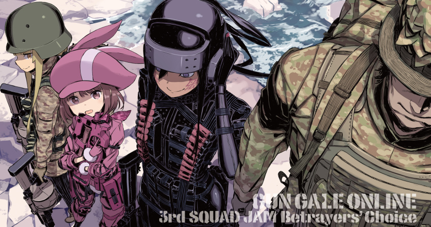 explosive facial_tattoo fukaziroh_(sao) grenade grenade_launcher gun helmet highres kuroboshi_kouhaku llenn_(sao) long_hair m32 mgl-140 military military_uniform multicam_(camo) p-chan_(p-90) p90 pitohui_(sao) rightony_&amp;_leftania short_hair skin_tight submachine_gun sword_art_online sword_art_online_alternative:_gun_gale_online tattoo uniform weapon