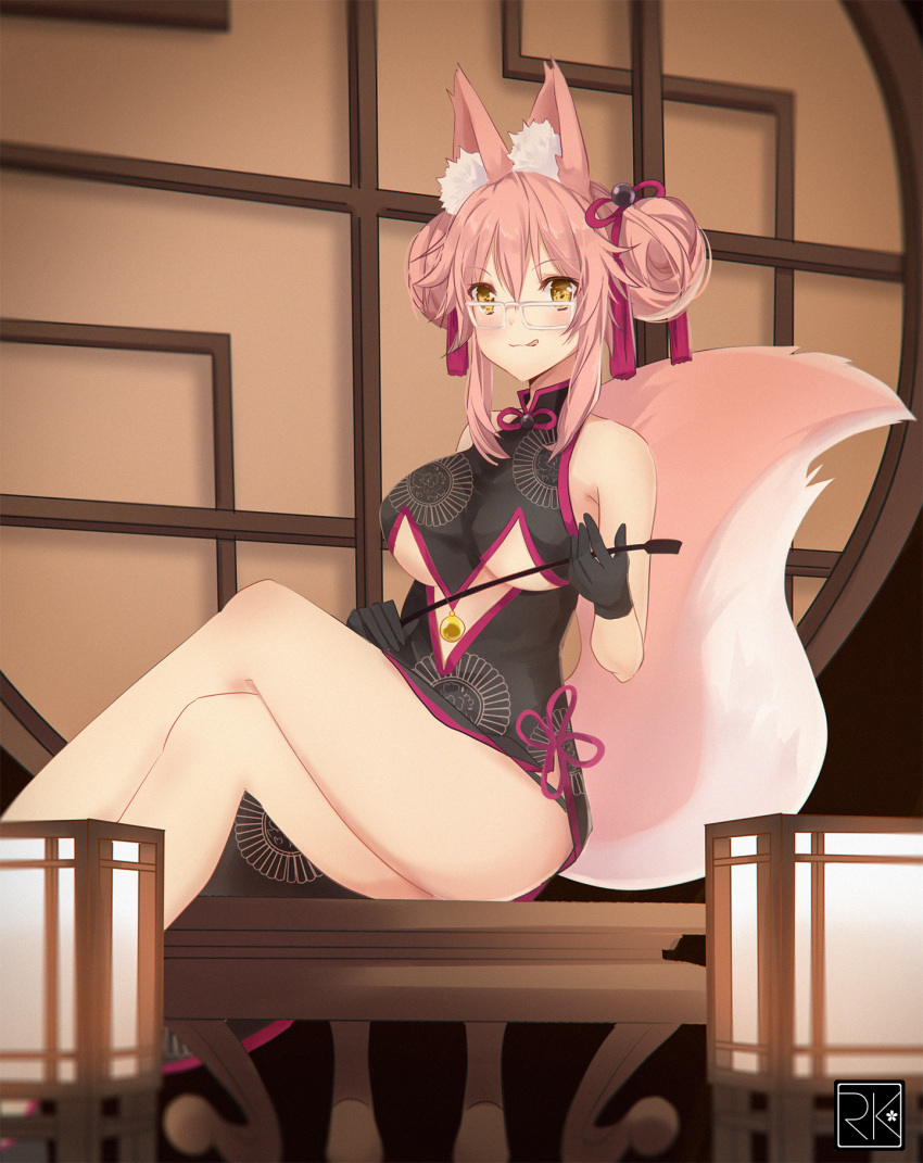 1girl alternate_hairstyle animal_ears bare_shoulders black_gloves blush breasts china_dress chinese_clothes dress fate/grand_order fate_(series) fox_ears fox_tail glasses gloves highres indoors k-rumi koyanskaya large_breasts looking_at_viewer pink_hair sitting sitting_on_table sleeveless smile solo tail tamamo_(fate)_(all) tongue tongue_out underboob yellow_eyes
