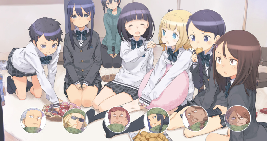 :&gt; :d ^_^ anna_(sao) annaka_moe bandana bangs black_hair blonde_hair blue_eyes blue_hair blush bow bowtie braid brown_eyes brown_hair camouflage cardigan chips closed_eyes controller dark_skin drink dual_persona eating eva_(sao) eyebrows_visible_through_hair feeding flower food freckles fujisawa_kana glass grey_eyes grey_hair hair_between_eyes hair_flower hair_ornament hair_ribbon hairpin highres holding holding_pillow indoors kohiruimaki_karen kuroboshi_kouhaku kusunoki_risa leaning_forward lips long_hair lossy-lossless messy_hair milana_sidorova military military_uniform multiple_girls nitobe_saki noguchi_shiori official_art open_mouth pants pillow plaid plaid_skirt plate pleated_skirt pocky potato_chips red_hair remote_control ribbon roza_(sao) rug school_uniform seiza short_hair sidelocks sitting skirt smile snack sophie_(sao) spoilers sunglasses sweater sword_art_online sword_art_online_alternative:_gun_gale_online tanya_(sao) toma_(sao) tray triangle_mouth turtleneck turtleneck_sweater twin_braids uniform watching_television wavy_mouth