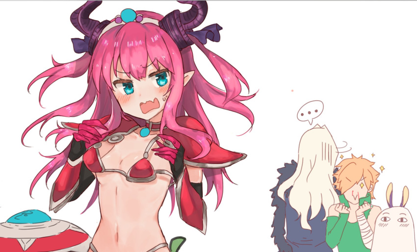 &lt;o&gt;_&lt;o&gt; ... 1girl 2boys :&gt; animal_ears armor bandaged_arm bandages bangs bikini bikini_armor blood blue_eyes blush breasts choker closed_mouth curled_horns dragon_horns elizabeth_bathory_(brave)_(fate) elizabeth_bathory_(fate)_(all) eyebrows_visible_through_hair facing_away fang fate/grand_order fate_(series) green_shirt hair_ribbon head_tilt highres horns jackal_ears light_brown_hair long_hair long_sleeves medjed mochii multiple_boys navel nosebleed open_mouth oversized_clothes pauldrons pink_hair pointy_ears purple_ribbon red_bikini red_choker ribbon robin_hood_(fate) shield shirt single_sleeve small_breasts spoken_ellipsis string_bikini sweat swimsuit tiara two_side_up vambraces very_long_hair vlad_iii_(fate/apocrypha) wavy_mouth white_background