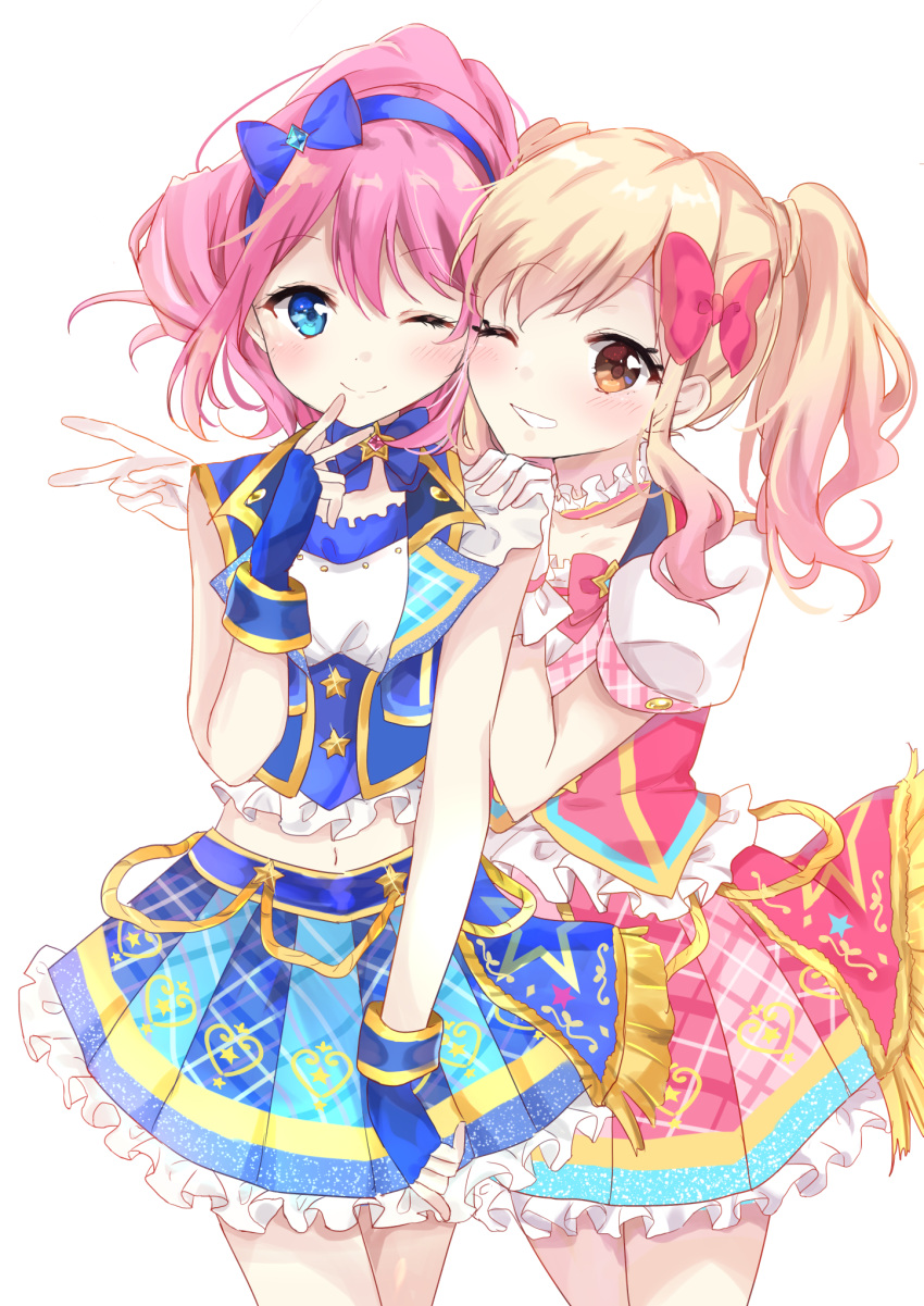 ;) aikatsu!_(series) aikatsu_stars! arm_at_side bare_arms blonde_hair blue_eyes blue_skirt blue_vest bow cowboy_shot crop_top detached_collar finger_to_mouth fingerless_gloves frilled_skirt frills gloves grin hair_bow hair_ribbon hairband hand_on_another's_shoulder head_to_head heart heart_print highres midriff multiple_girls nakata_(kanata_1_6) navel nijino_yume one_eye_closed orange_eyes pink_hair pink_skirt pink_vest pleated_skirt puffy_short_sleeves puffy_sleeves red_bow ribbon sakuraba_rola short_hair short_sleeves side-by-side side_ponytail simple_background skirt sleeveless smile star twintails two-tone_skirt v vest white_background