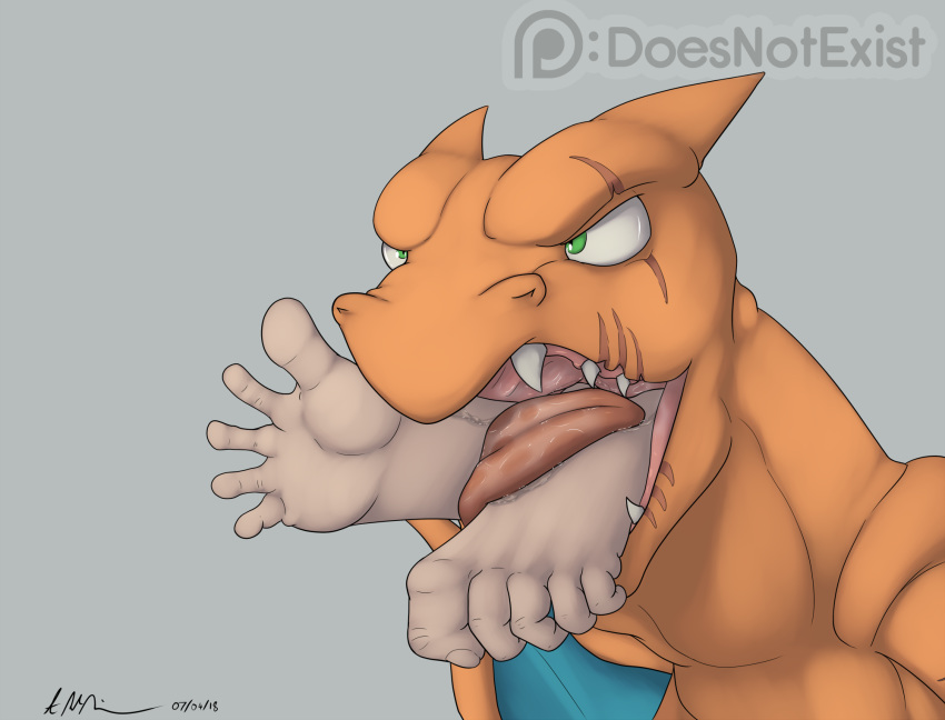 2018 ambiguous_gender charizard charizard_seven digital_media_(artwork) drooling feral green_eyes grey_background human licking male male/ambiguous mammal membranous_wings neck_bulge nintendo oral_vore orange_scales pok&eacute;mon pok&eacute;mon_(species) saliva scales scar signature simple_background theandymac tongue tongue_out video_games vore wings