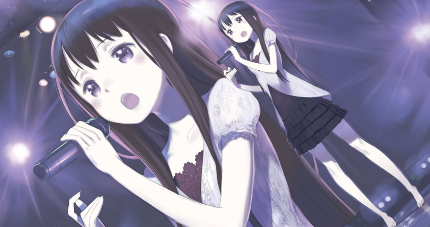 barefoot blush dress dutch_angle full_body highres kanzaki_elsa kuroboshi_kouhaku light_rays long_hair microphone music open_mouth puffy_short_sleeves puffy_sleeves short_sleeves singing solo sword_art_online sword_art_online_alternative:_gun_gale_online