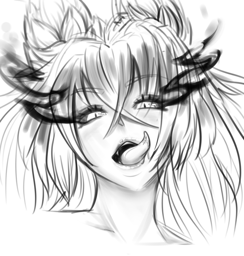 animal_ears burning_eyes eyebrows_visible_through_hair fang greyscale hellhound highres licking_lips loen-lapae looking_at_viewer monochrome monster_girl_encyclopedia open_mouth portrait sketch slit_pupils solo tongue tongue_out wolf_ears