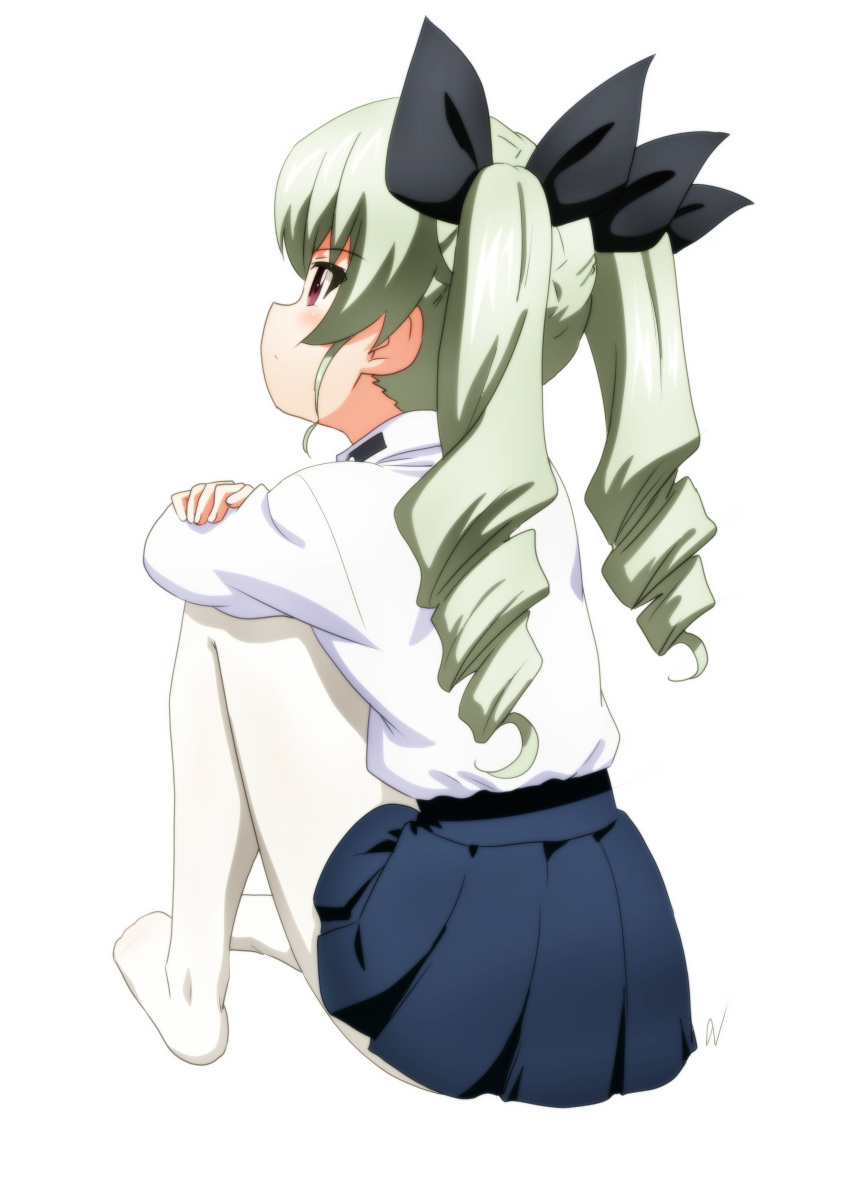 absurdres anchovy anzio_school_uniform bangs black_skirt closed_mouth commentary cwind dress_shirt drill_hair eyebrows_visible_through_hair facing_away from_behind full_body girls_und_panzer green_hair highres leg_hug light_frown long_hair long_sleeves miniskirt pantyhose pleated_skirt red_eyes school_uniform shirt simple_background sitting skirt solo twin_drills twintails white_background white_legwear white_shirt